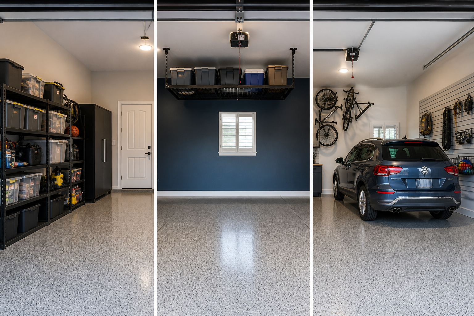 Three different tailored garage solutions side by side