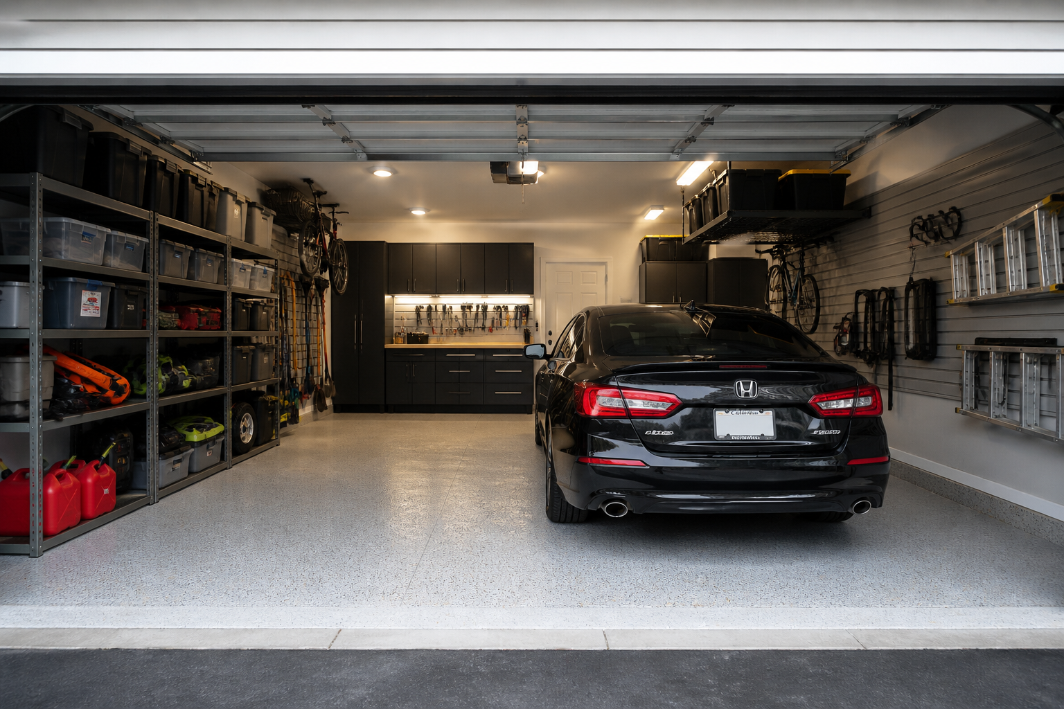 Car parked inside organized garage